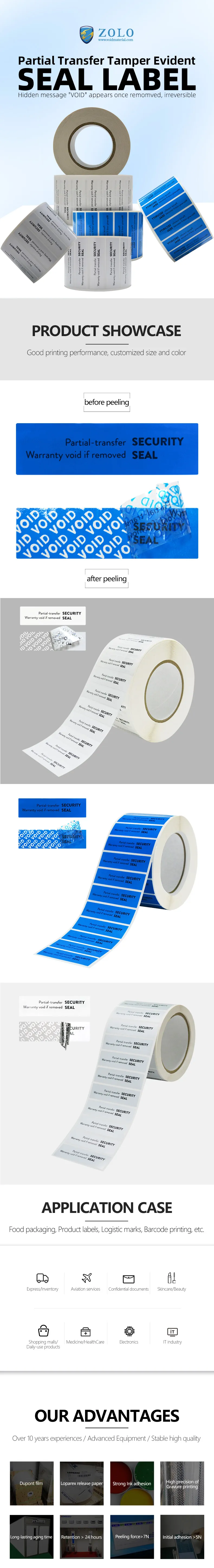 The VOID Seal - High-quality Seals for Various Applications image, the picture shows: It is also NON Transfer tamper evident seal label, Hidden message "VOID" appears once removed, irreversible. VOID SeaProduct appearance.  Product showcase of VOID Sea： good printing performance, customized size and collor. before peeling and after peeling. application case:  food packing,  product labels,  logistic marks,  barcode printing, etc. express/inventory;  aviation services;  confidential documents;  skincare/beauty;  shopping smalls/  daily-use products;  medicine/heathcare;  electronics; IT industry Advantages of VOID Sea: over 10 year experiences/ advanced Equipment/ stable high quality. Using DuPont film as raw material; Using Roparex release paper; strong Ink adhesion; High precision of Gravure printing; peeling force> 7 N initial adhesion > 5 N long-lasting aging time retention >24 hours