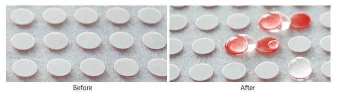 This is a picture of the Color Changing Water Indicator, showing the color changes before and after water contact.